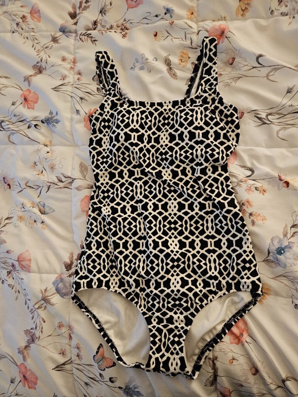 Lands' End One Piece Swimsuit with Black & White Geometric Pattern